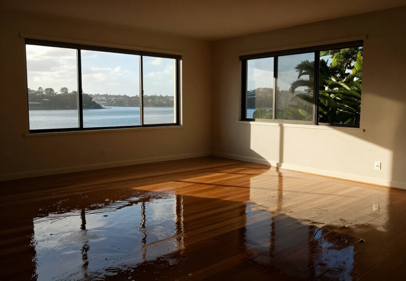 Water-damaged carpet and subfloor in a Bella Vista home before restoration
